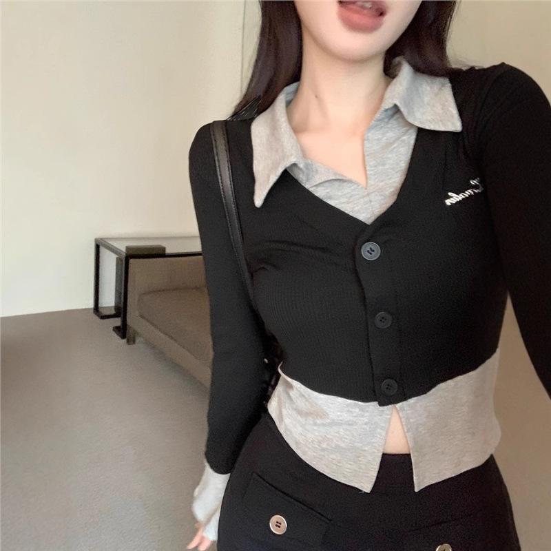 

Chic Spicy Girl Color Block Spliced Long Sleeve Polo Top Extra Large чёрный