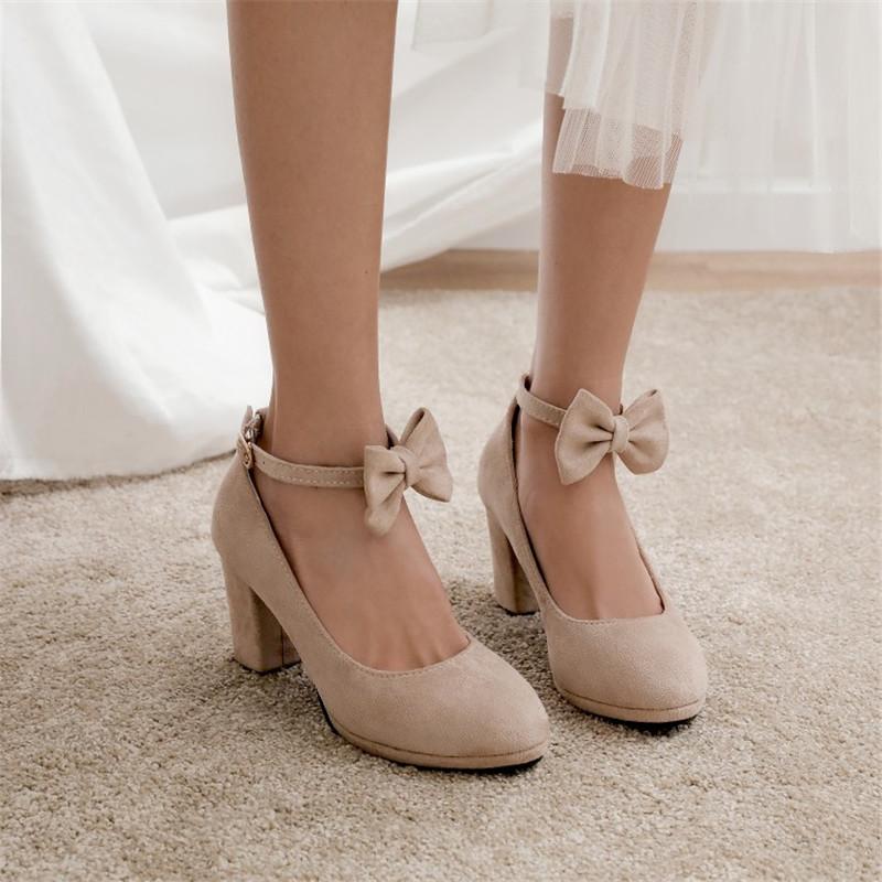 Girls High Heel Shoes Suede Women 7.5cm High Heels Sweet Bowknot High Heel Ladies Pumps Girls Princess Wedding Party Shoes33-43