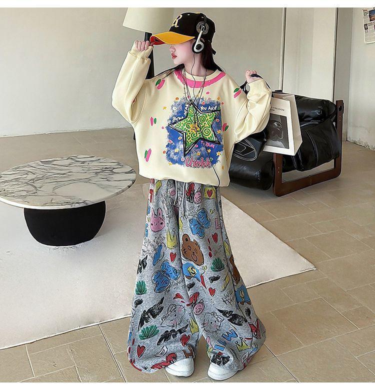 Girls' Trendy Korean Style Hoodie & Wide-Leg Pants Set with Cartoon Design - Casual Spring/Autumn Two-Piece Sportswear