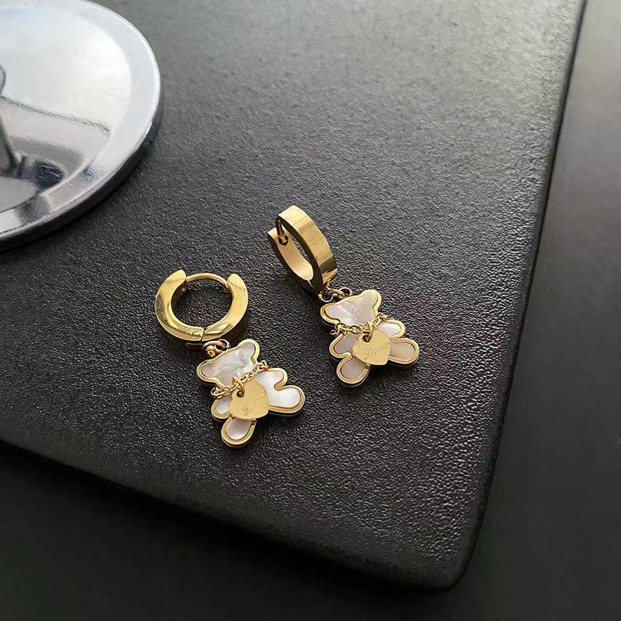 Sweet Peach Heart & Bear Earrings, Titanium Steel Studs with White Shell, Korean Style for Women