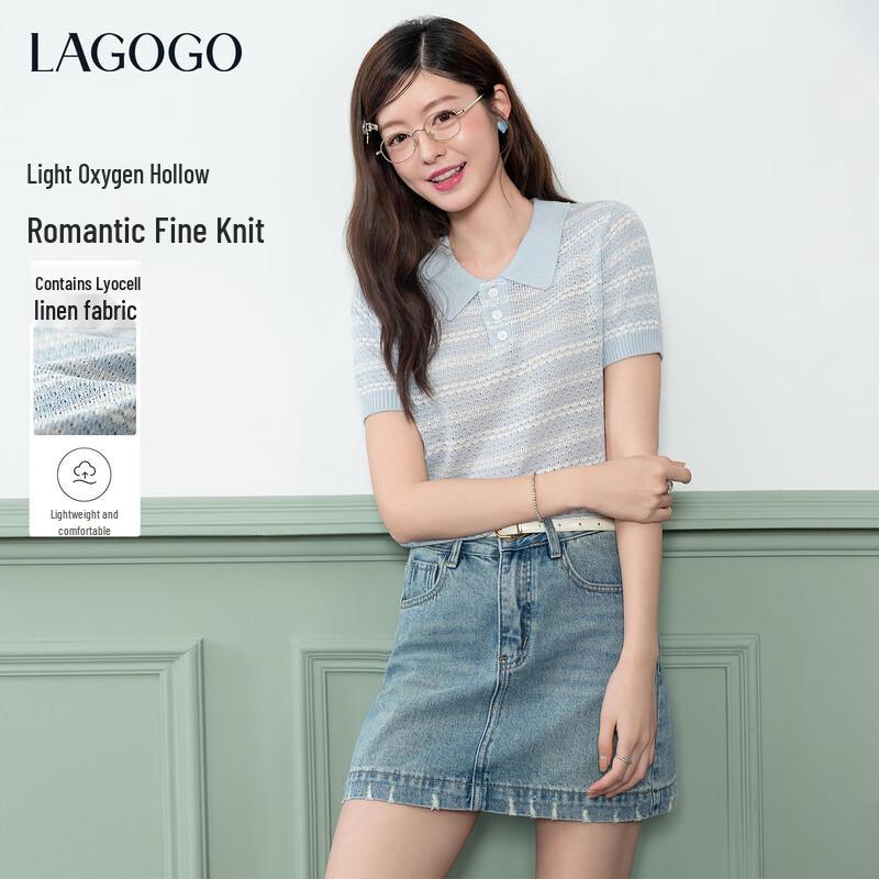 LAGOGO Women s Striped Hollow-out Knit Polo Shirt M