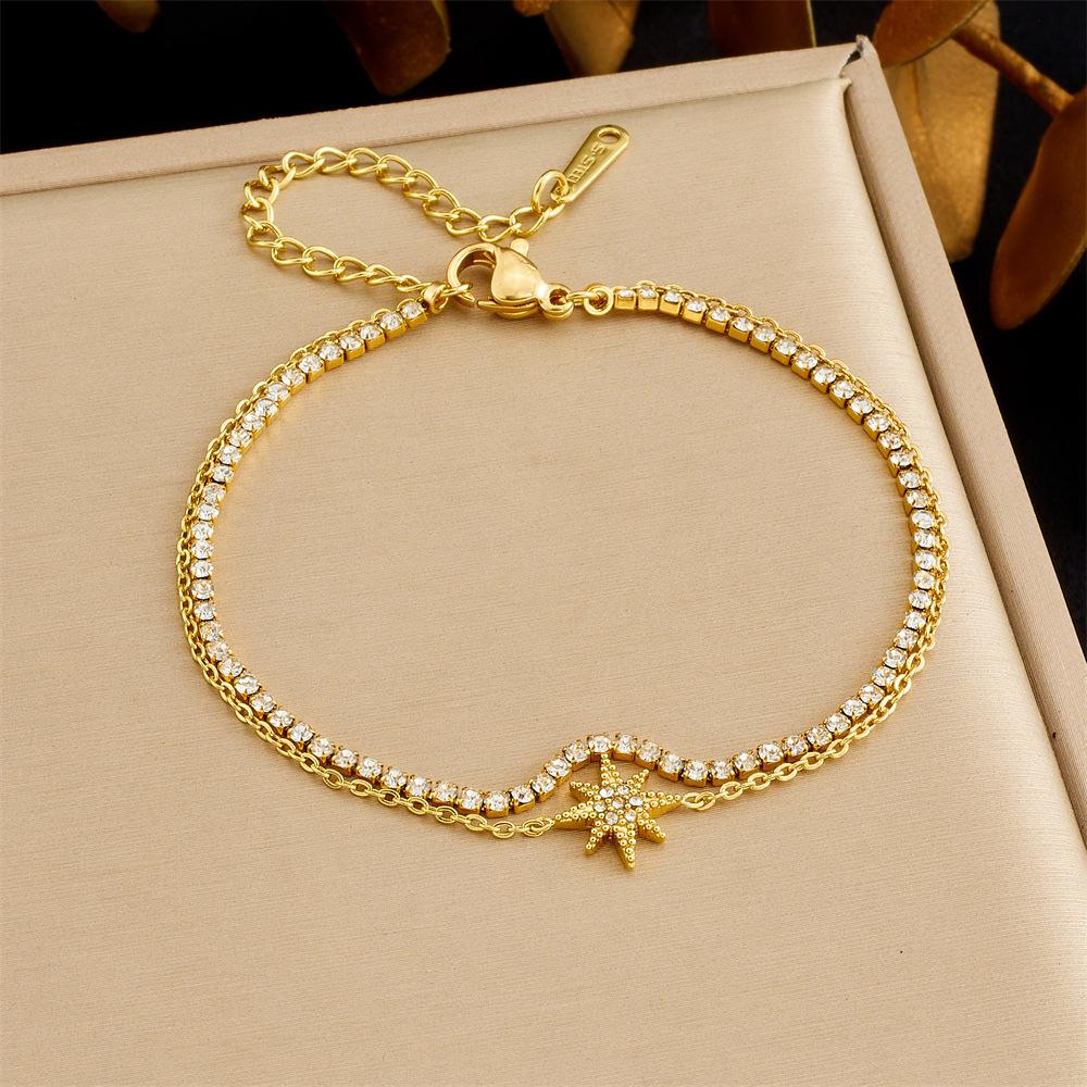 Simple Versatile Rhinestone Eight-Pointed Star Heart Pendant Full Diamond Chain Double Layer Bracelet