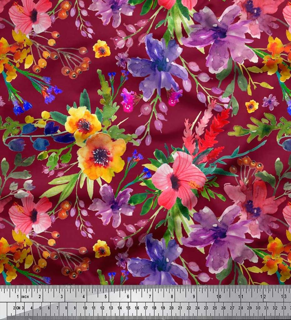 Soimoi Japan Crepe Satin Fabric Flower & Leaves Watercolor Decor Fabric Printed metre 42 Inch
