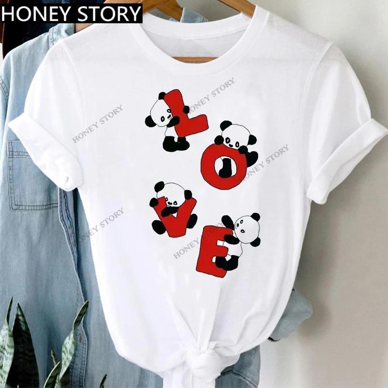 Women's Animal Panda Alpaca Print Loose T-shirt Aesthetic Graphic Top Summer Fashion Polyester Fabric Student Base Layer Shirt