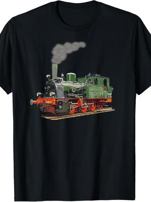 Stoomtrein Locomotief T-shirt - Vintage Spoorweg & Rails Grafisch, Casual Ronde Hals T-shirt voor Treinliefhebbers, Machine Wasbaar Zwart Shirt NIEUWE Mode