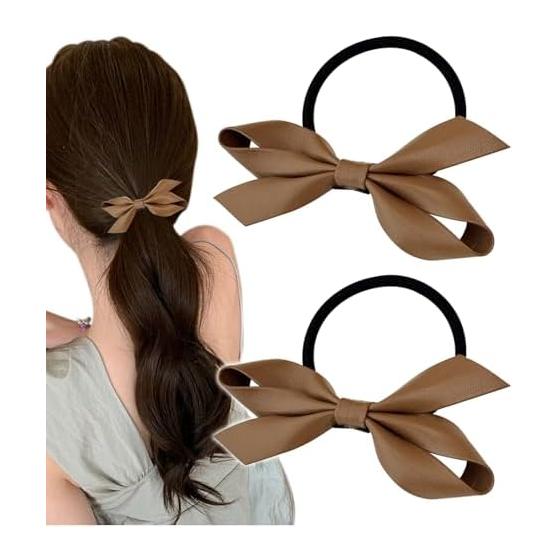 [Herbeluemily] Ribbon Clip Ribbon Elastic PU Leather Hair Tie Hairpin Bowknot Ribbon Leather Style D Hair Tie Set - Brown