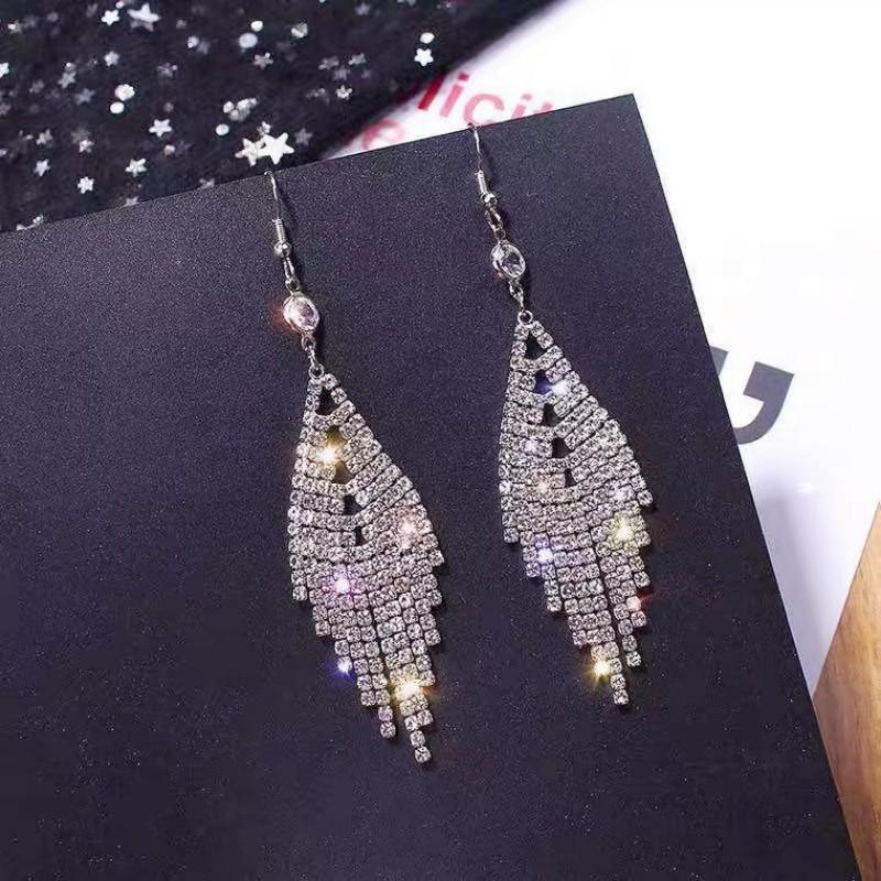 Korean Trend Crystal Rhinestone Long Tassel Earrings