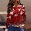 Women's Fashion Hem Slit Casual Christmas Printed Round Neck Long Sleeve Top