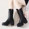 Medium Boots Women's 2 Autumn and Winter New Thick Heel Lace-up Short Boots Fashionable Side Zipper Round Head Martin Boots