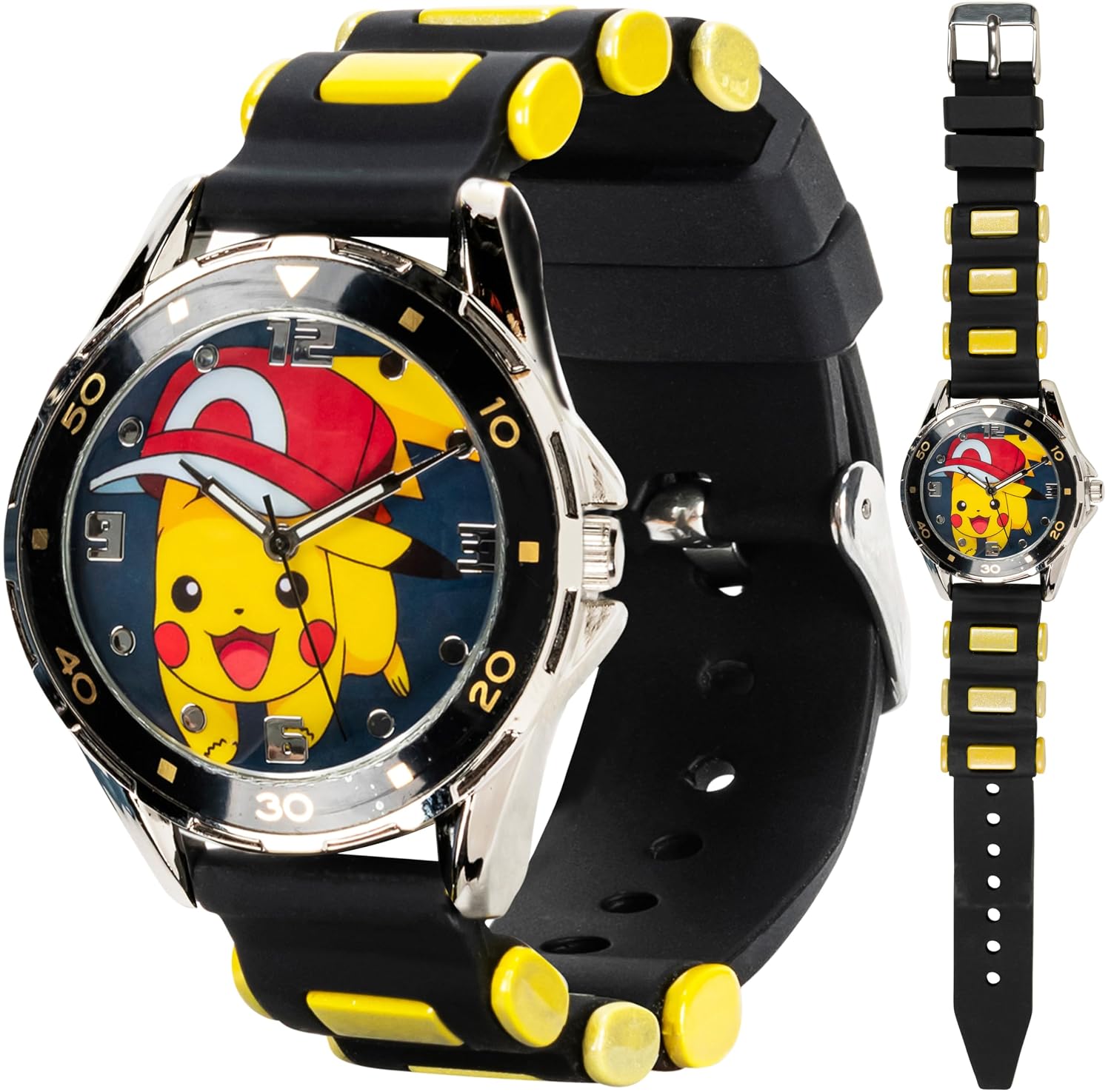 Pokemon Silver Tone Metal Analog Quartz Watch Rubber Strap Black 20.7 (Model POK9010)