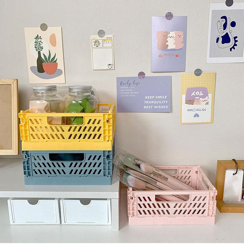Collapsible Crate Plastic Folding Storage Box Basket Utility Cosmetic Container Desktop Holder Home Use School Desk Storage Box