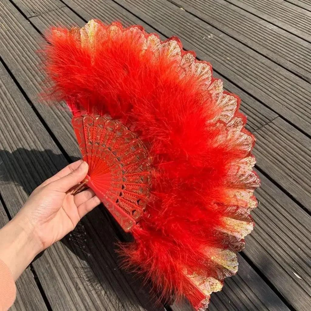 Lolita Feather Folding Fan Japanese Girl Gothic Court Dance Hand Fan with Pendant Gift Wedding Party Decoration