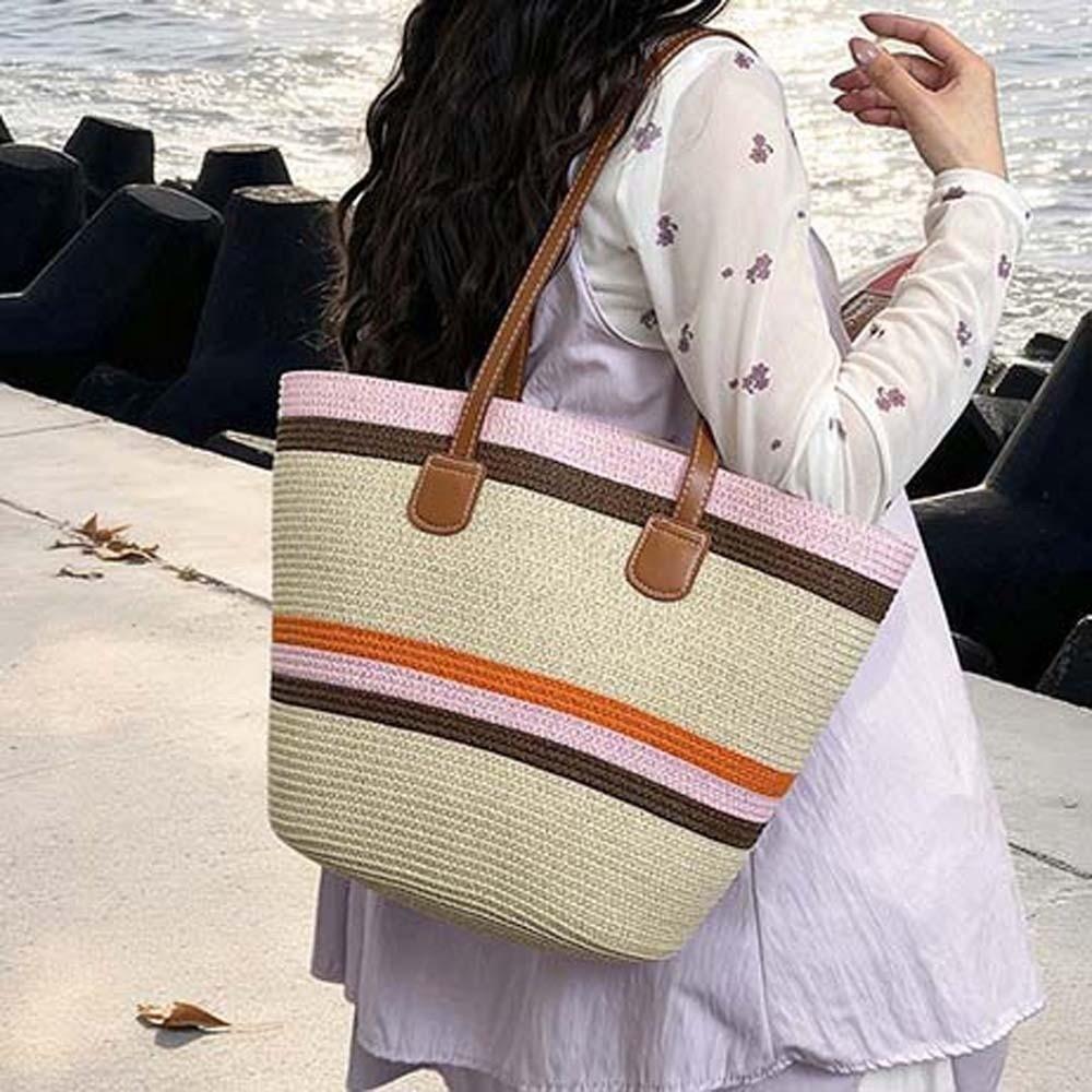 Polyester Shopping Straw Bag Lightweight Summer Beach Handbag Stripe Woven Tote Bag  Spring