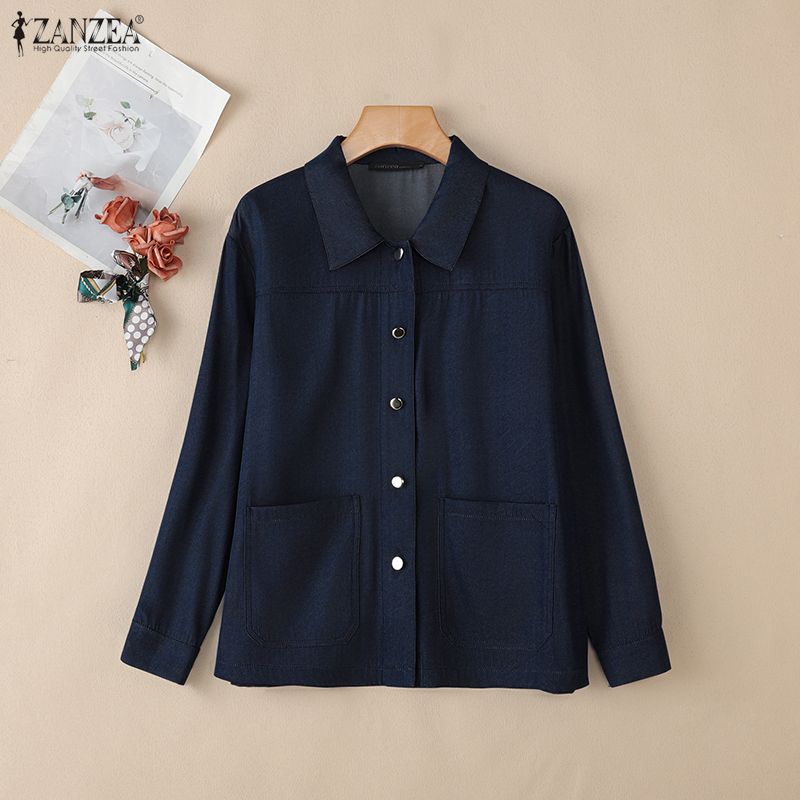 ZANZEA Women Casual Turn Down Collar Loose Long Sleeve Blouse