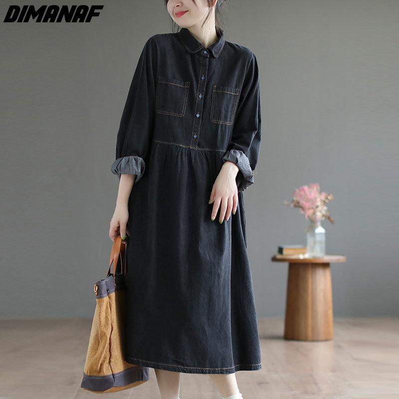 

DIMANAF Джинсовое платье больших размеров женское, новинка 2023 года, однотонное весеннее хлопковое платье оверсайз с длинными рукавами, свободные базовые синие платья