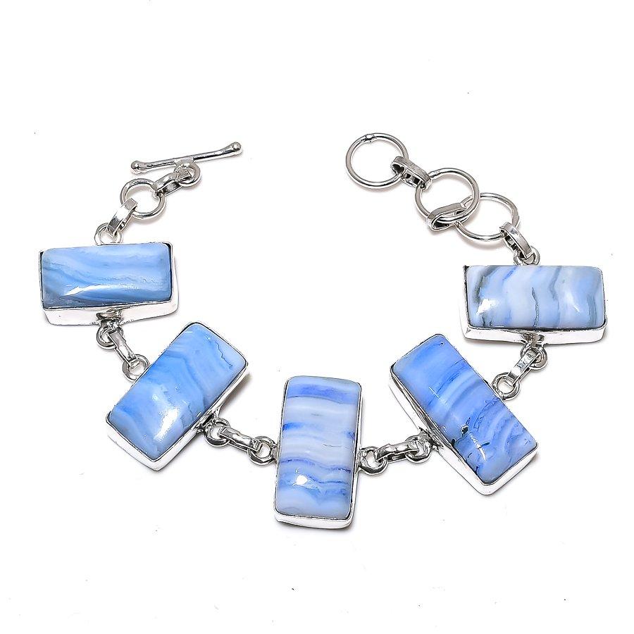 

Браслет ручной работы из стерлингового серебра 925 пробы с натуральным синим кружевным агатом 7-8 дюймов l1d71