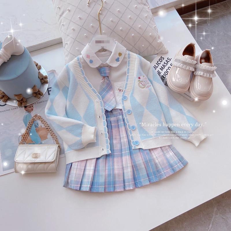Spring 2023 Girls' JK Plaid Skirt 3-Piece Set: Sweater & College Style Suit