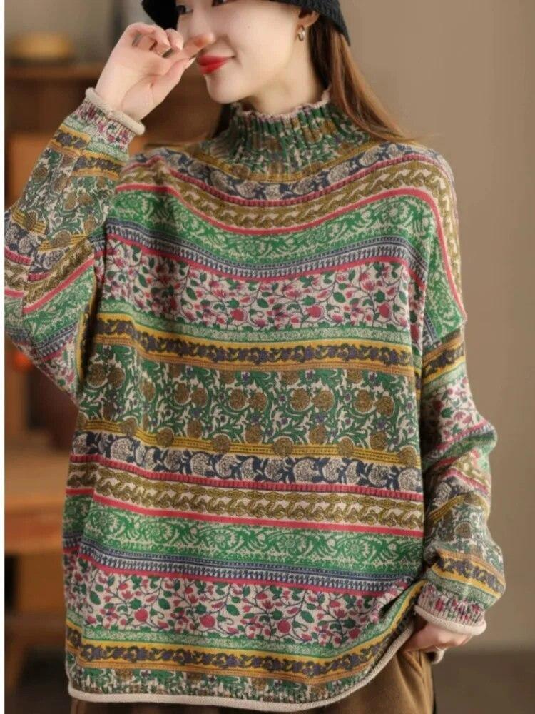 Vintage Women Long Sleeve Soft Cotton Mock Neck Knitted Casual Sweater Top Pullover Spring Johnature