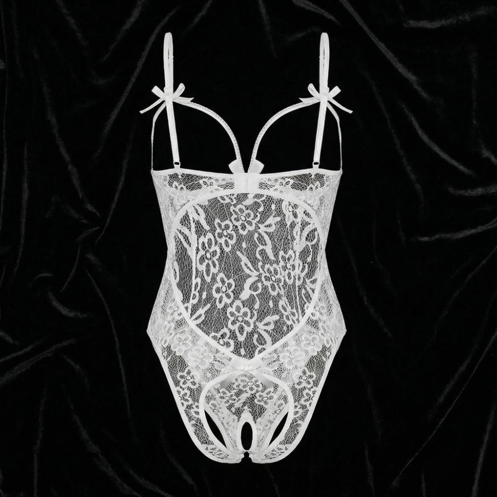 Open Crotch Women Underwear Deep V Lace Sling Nightwear Sweet Lace Bow Bodysuit  Home