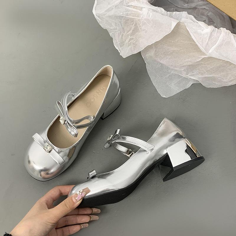 Silver light mouth ballet style high-heeled single shoes women's 2025 new summer skirt French round head Mary Jane shoes