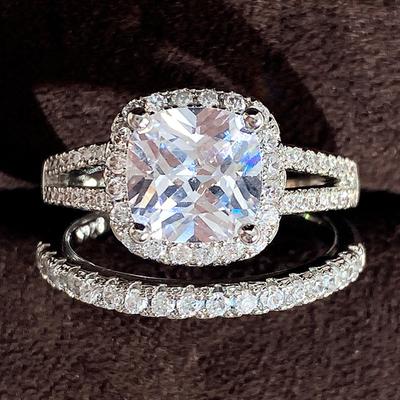 Micro-Inlaid Diamond Zircon Set Ring, Light Luxury Square Diamond Women'S Engagement Couple Ring
