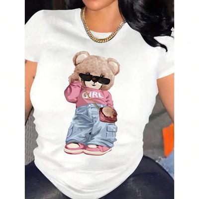 Wounisex's Casual Crew Neck T-Shirt With Fashionable Cartoon Bear Print Regular Fit Spring/Summer Tee