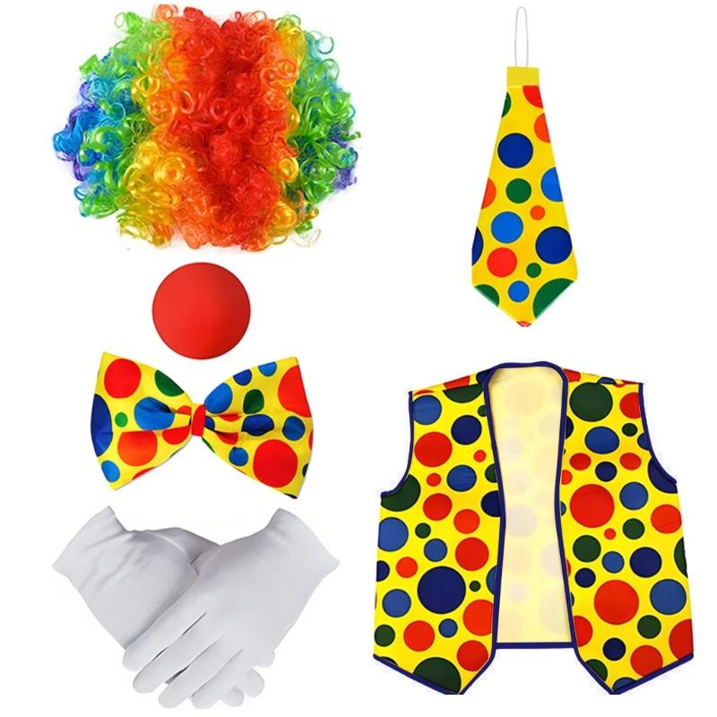 Komplettes Clown-Performance-Outfit Regenbogen-Perücke Fliege mit Accessoires für Themenveranstaltung und Rollenspiel Cosplay Kostüm