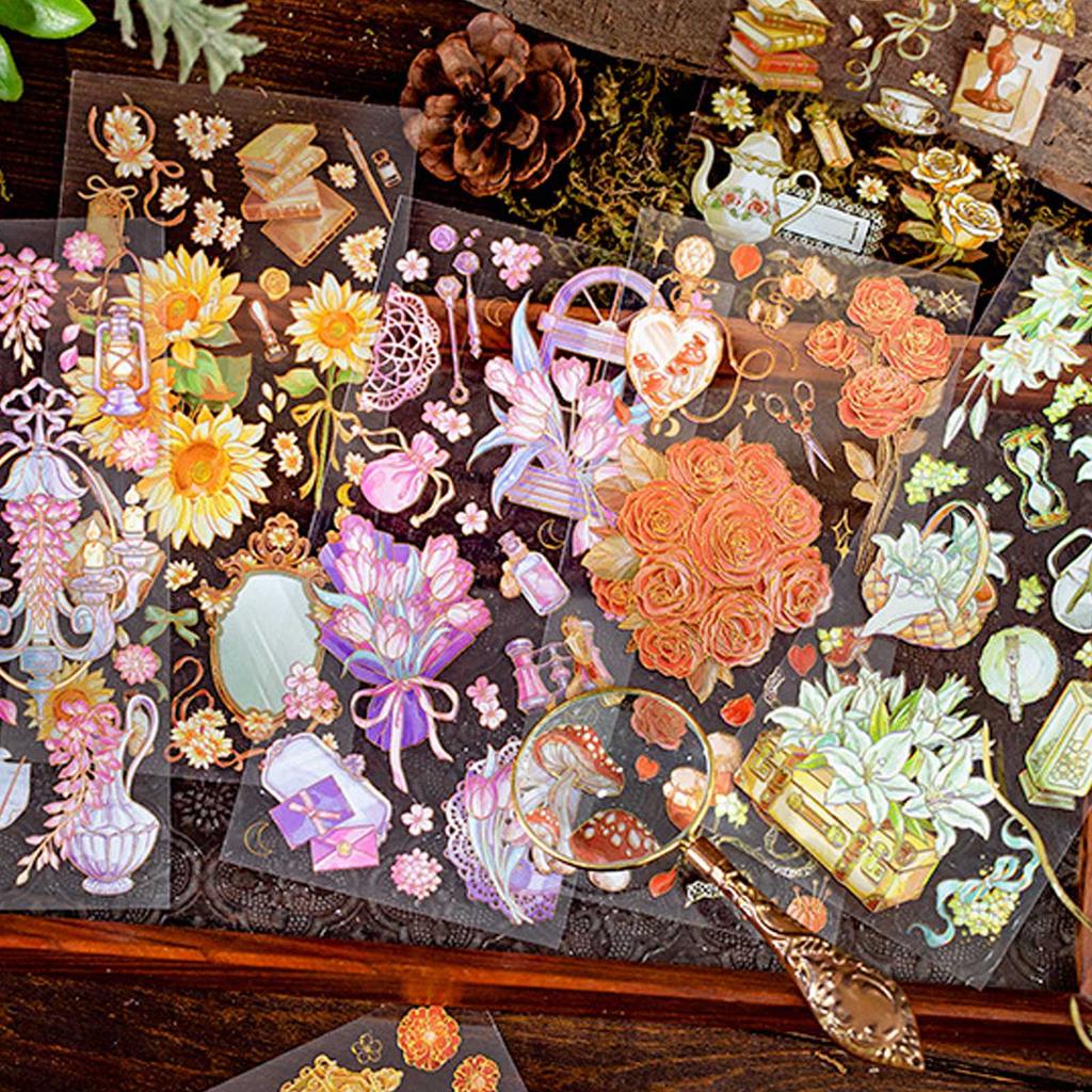 2PCS Vintage Scrapbook Stickers Flowers Gilding Processing Paper Easy Apply Long Lasting Aesthetic