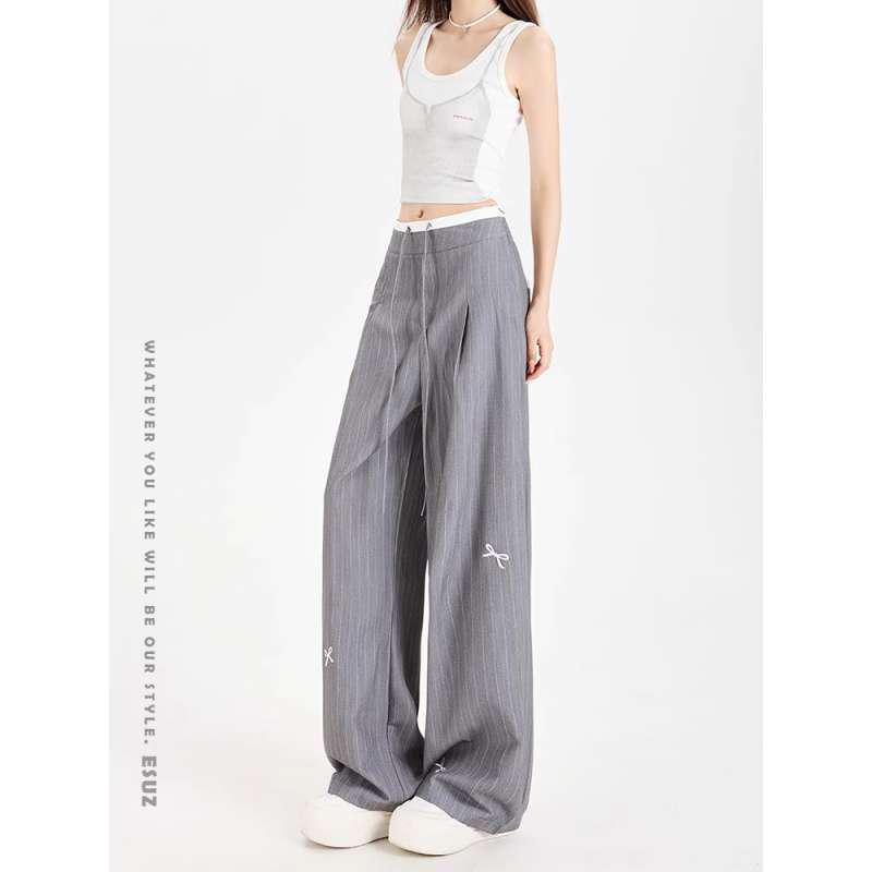 Women's Gray High Waist Wide-Leg Pants with Bow Embroidery