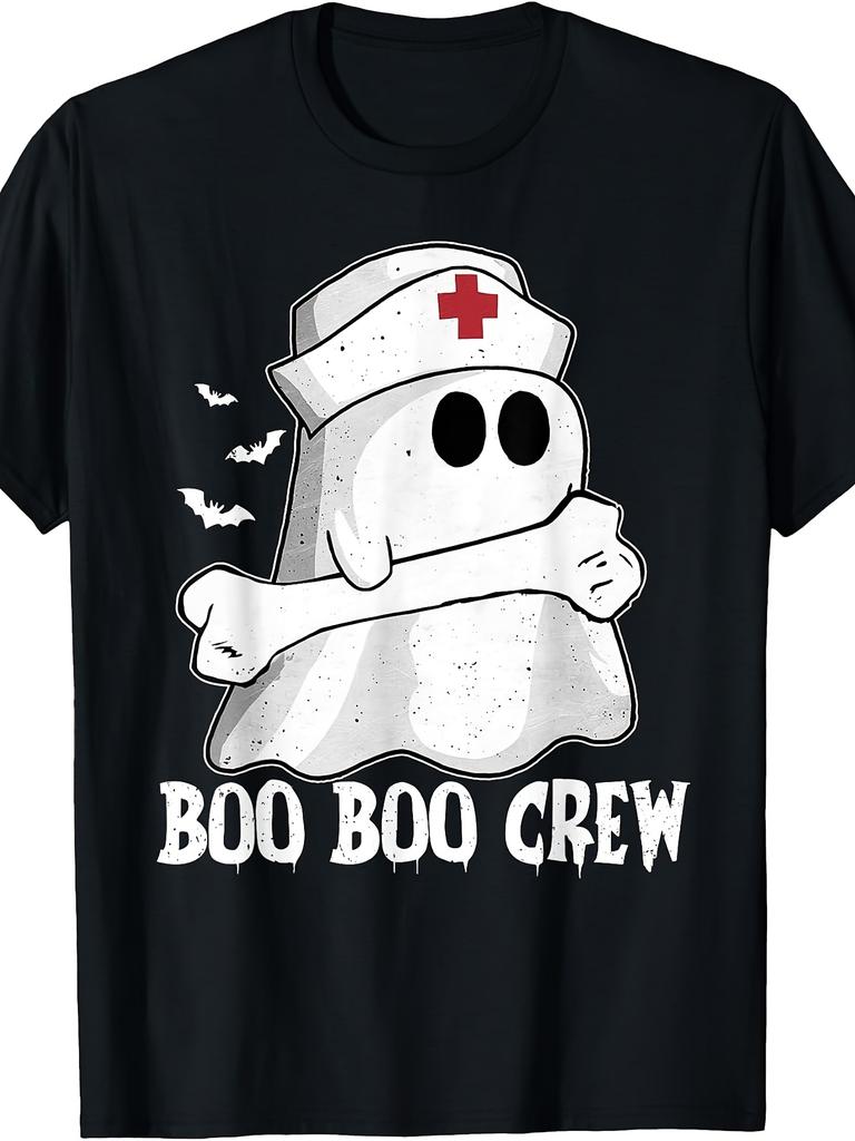 Funny Boo Crew Nurse Shirt Nurse Ghost Unisex Halloween T-Shirt Retro Casual Crew Neck Printed T-Shirt