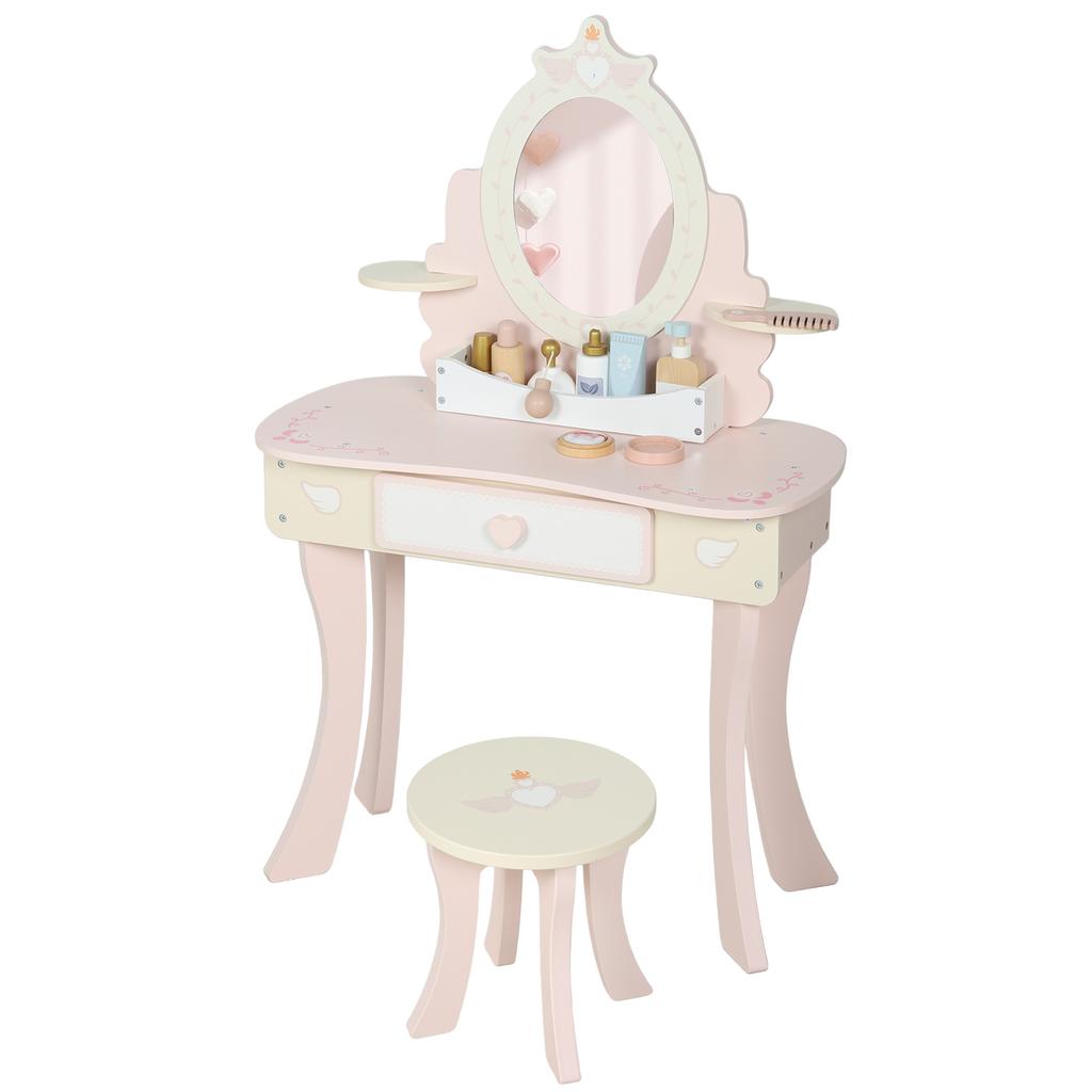 Kids Dressing Table, Girls Vanity Set with Mirror and Stool, 7 Play Accessories, Drawer, Desktop Storage, Pink