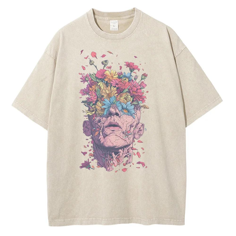 T-shirt with a Pattern of Flowers Sprouting from Human Eyes and Head, Vintage Van Gogh Style Men's Top