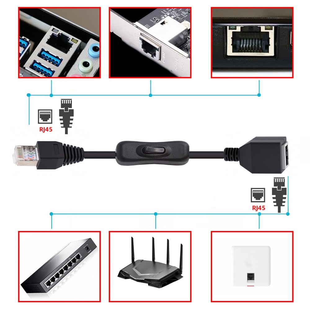 Cablecc RJ45 Extension Cable 304 with Signal CAT6 8P8C STP UTP Male To Female LAN Ethernet Network Patch 60cm On/Off Switch, Cord,
