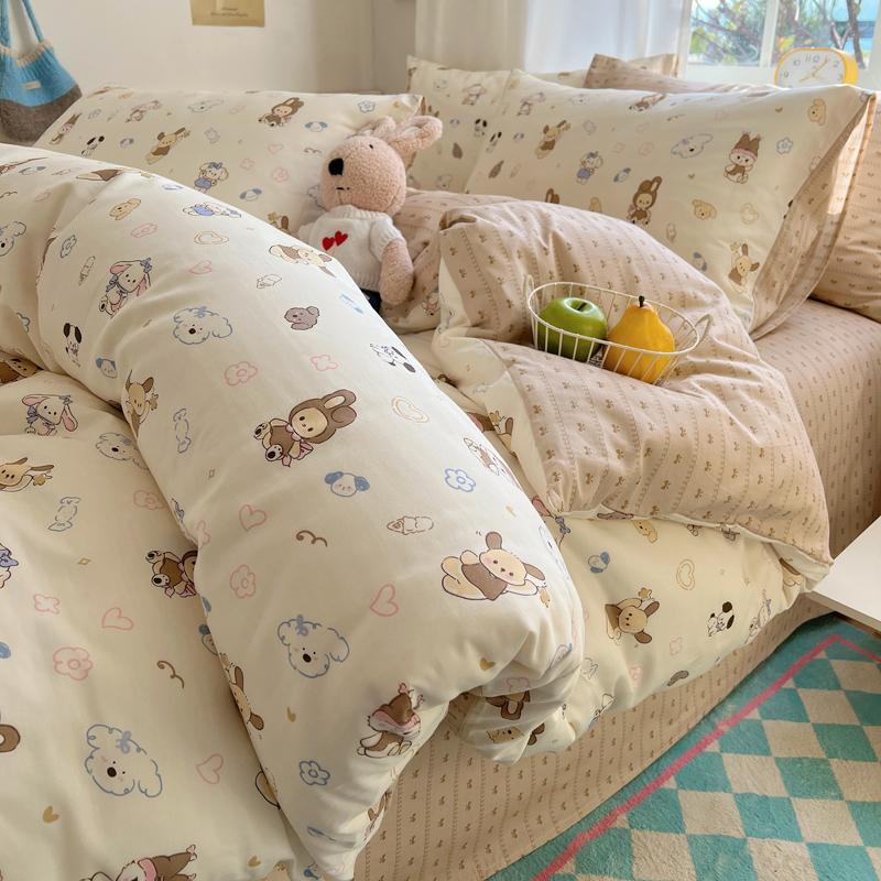 Sleeping Grid INS Age Reducing Cute Cartoon Style 40 Count Cotton Four Piece Set