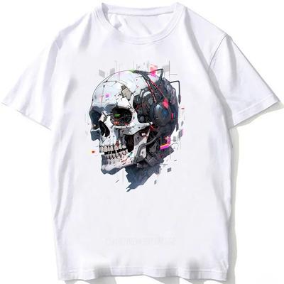 Neues Sommer Unisex Locker Unisex Kurzarm Lustiger Roboter Totenkopf Kunst Druck T-Shirt Weiß Lässige T-Shirts Vintage Hip Hop Jungen Oberteile
