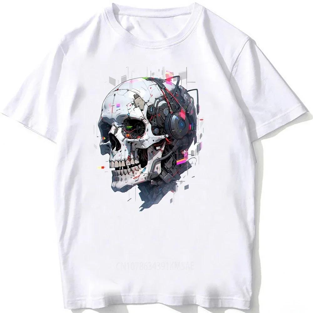 Neues Sommer Unisex Locker Unisex Kurzarm Lustiger Roboter Totenkopf Kunst Druck T-Shirt Weiß Lässige T-Shirts Vintage Hip Hop Jungen Oberteile