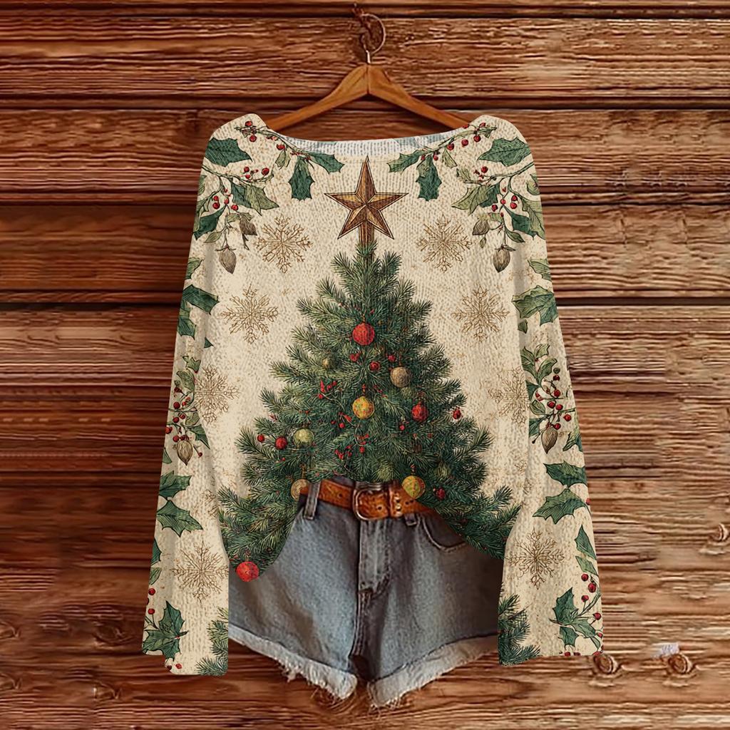 Women's Round Neck Lightweight Sweater Casual Long Sleeve Christmas Print Knit Pullover