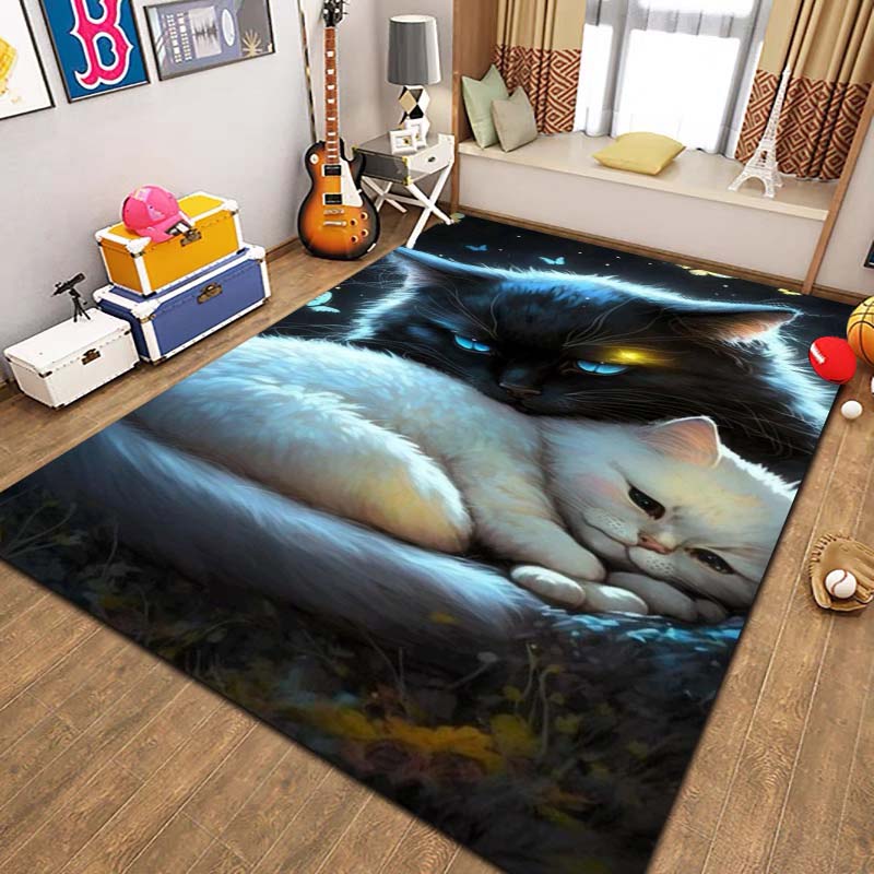Cute Cartoon Cat Pet Animal Print Flannel Area Rug Non‑Slip Soft Floor Mat For Couch Bedroom Living Room Indoor Home Decor Gift