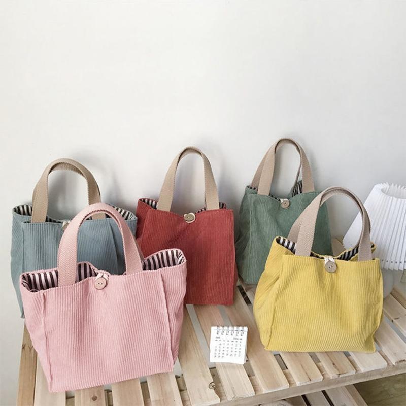 Corduroy Canvas Lunch Bag Solid Ribbed Outdoor Portable Tote with Handle Kids Student Handbag
