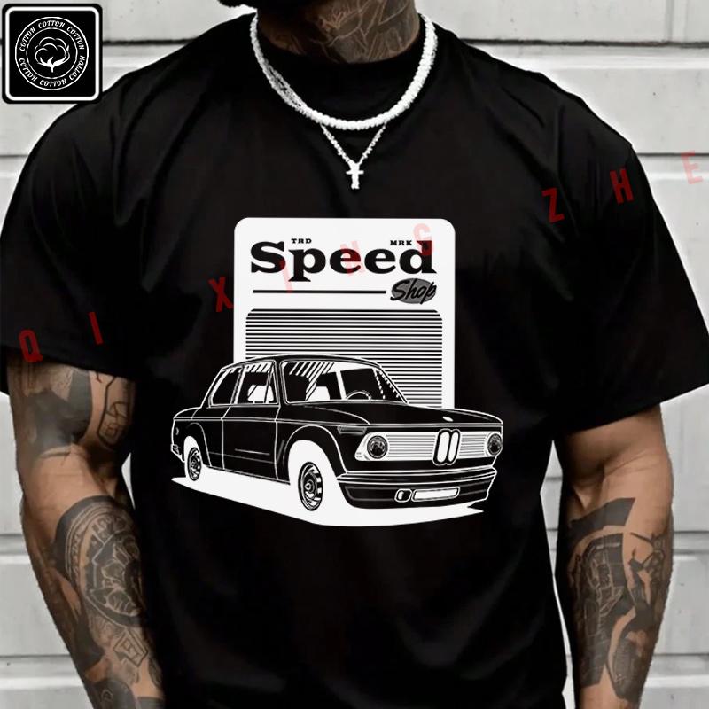 Vintage Car Speed Print Moto T Shirt Men's Cotton Casual Short Sleeved Round Neck T-shirt Tee