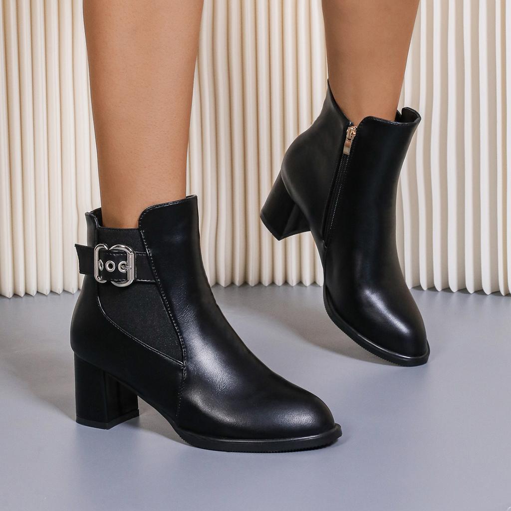 Fashion 2024 Women Zip Metal Decoration Boots Women Square Heel Solid Warm Pointed Toe Fashion Boots Women Platform Comfortable Boots