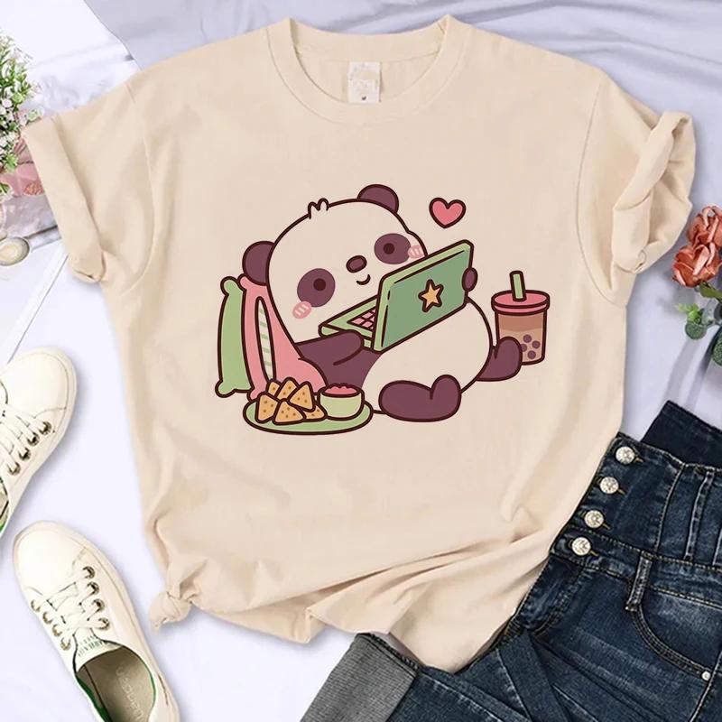 Funny Cute Panda Printed T Shirt for Women Summer Short Sleeve Cartoon Casual Creative T-shirt Vintage Round Neck Clothes