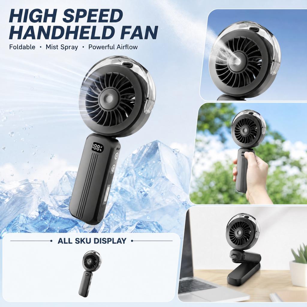 Portable Handheld Fan with Spray Foldable Rechargeable Brushless Motor High Capacity Battery Strong Airflow for Outdoor Travel