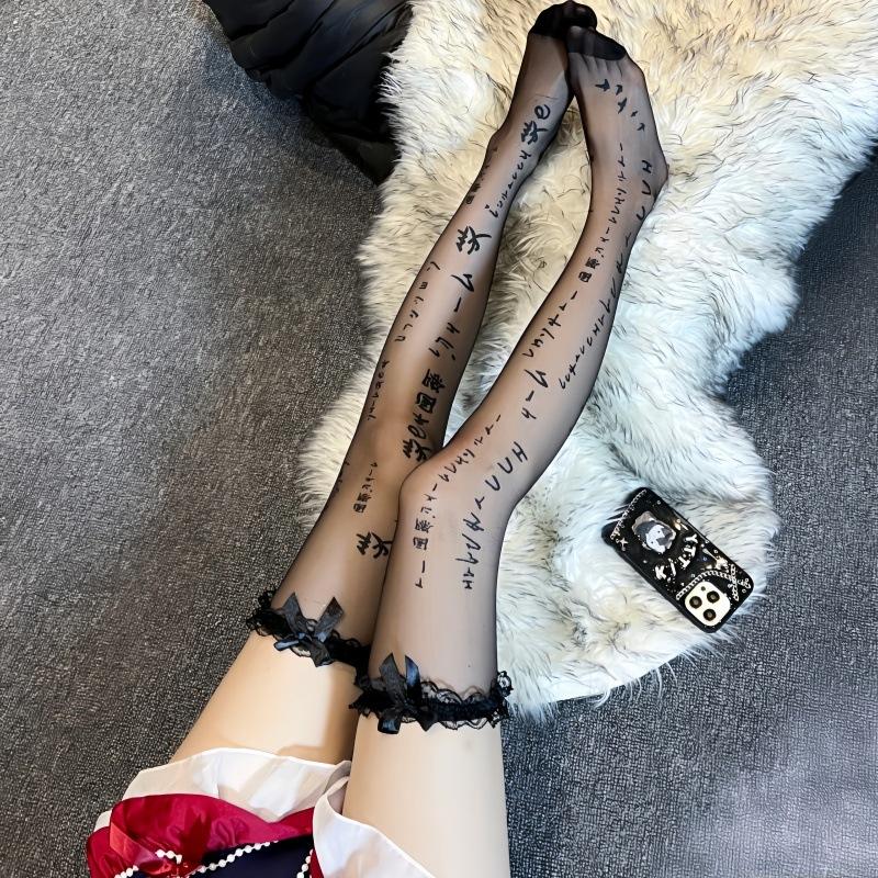 Stockings Black Ins Ripped Half Mesh Lace Long Tube Knee-high Sweet And Cute Core-spun Silk Thigh Socks