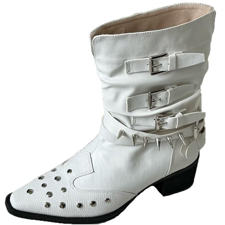 Short Boots Women's Thick Heel Versatile Retro Chelsea Boots 2025 New Western Cowboy Boots Rivet Middle Heel Martin Boots