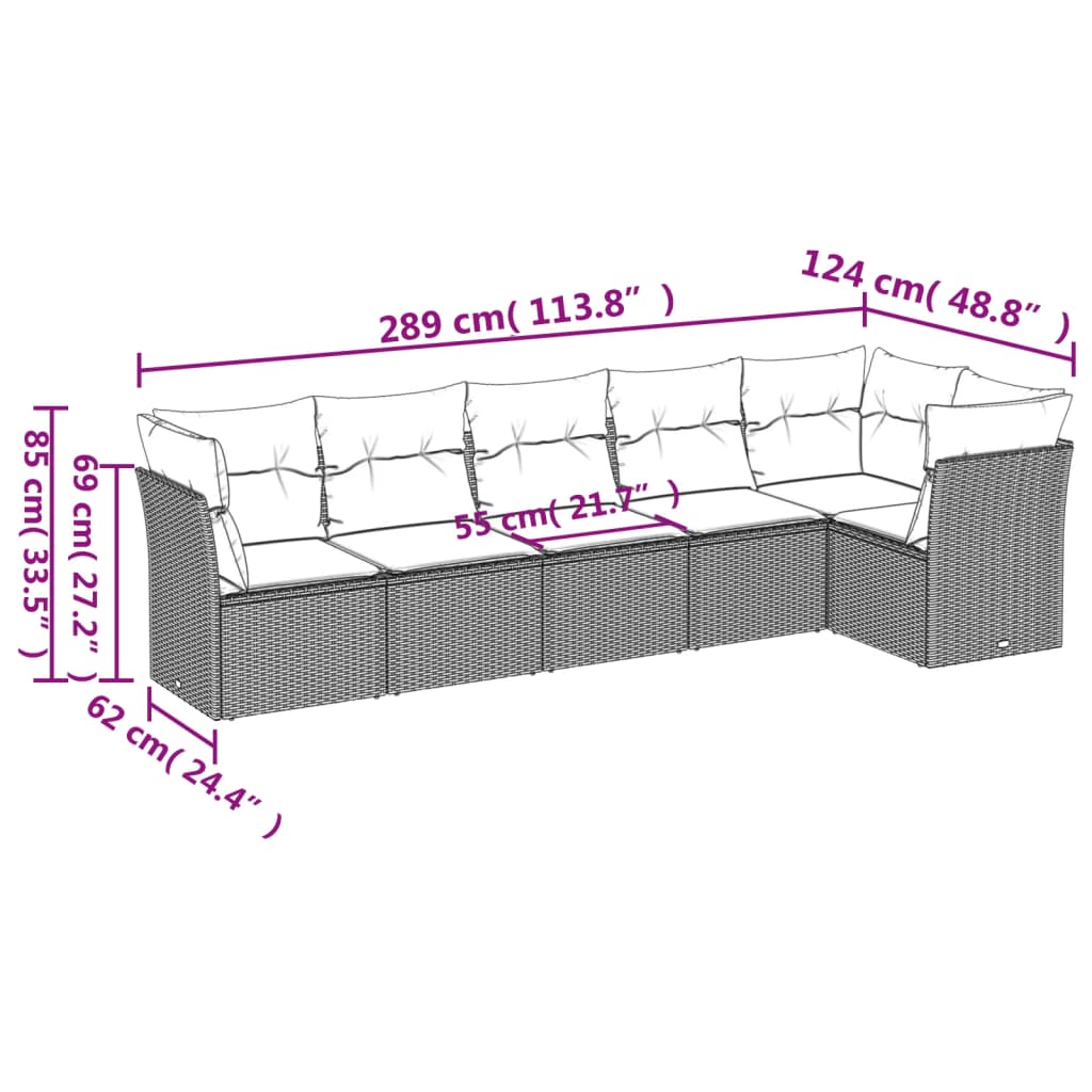 Vidaxl 6-Cz. Gartenmöbel-Set mit Kissen, Schwarzer Polyrattan