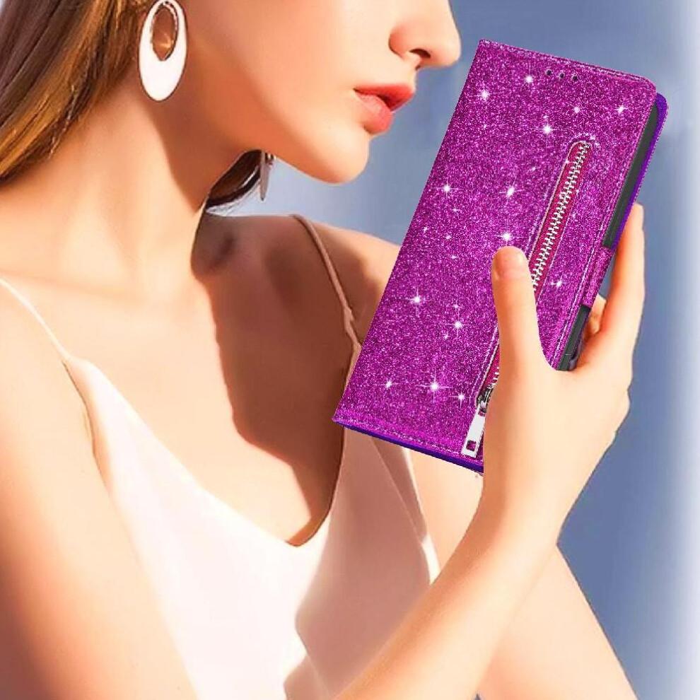 (Purple) Zipper Pocket Case for Samsung Galaxy S24 Ultra Card Holder Glitter Wallet Case Wrist Strap Pu Leather Magnetic Closure