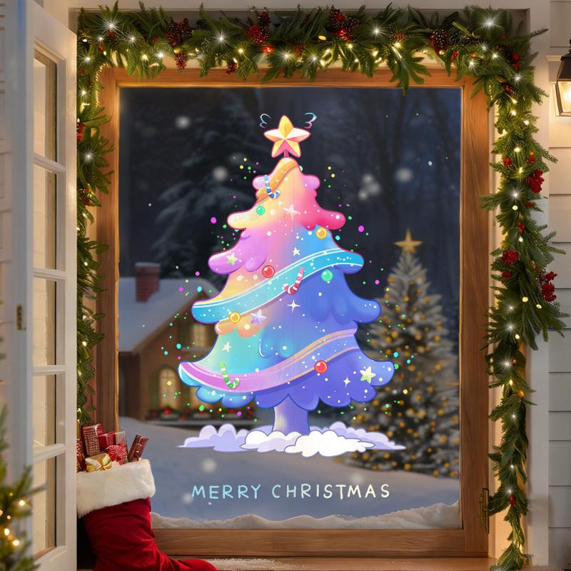 Colorful Christmas Tree Decorations, Shop Windows, Shopping Mall Atmosphere, Glass Doors, Stickers and Window Decorations