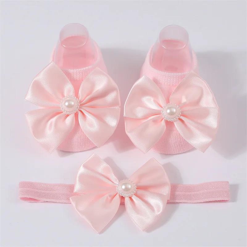 Baby Pearl Bow Solid Color Floor Socks Newborn Infant Knitted Breathable Socks Sweet Cute Girls Princess Children Birthday Gifts