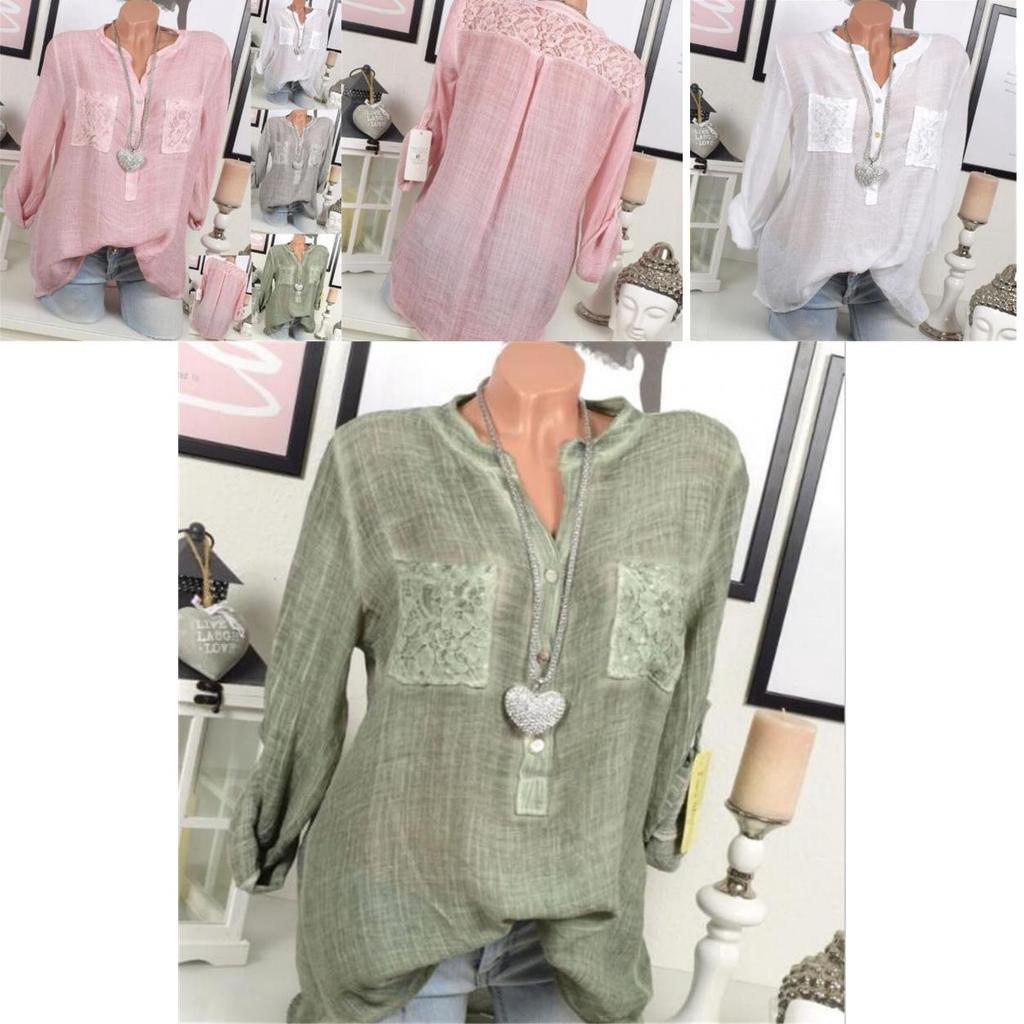 Chic Lace Shirt Autumn Women V-neck Long Blouse Loose Plus Size Sleeve S-5xl